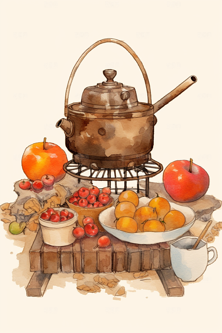 围炉煮茶热茶驱寒插画