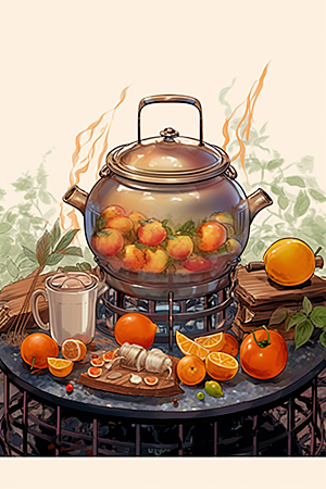 围炉煮茶中国风烤橘子插画