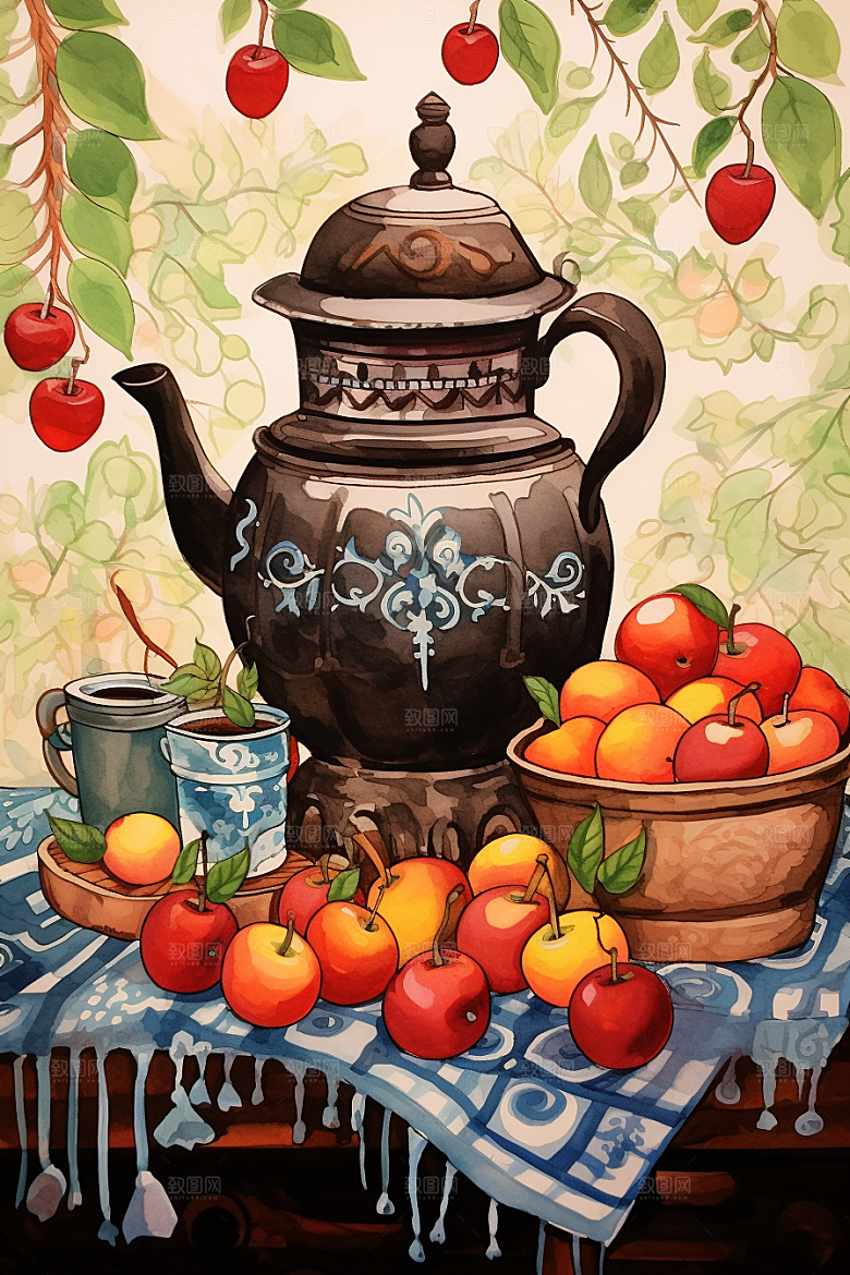 围炉煮茶驱寒美食插画