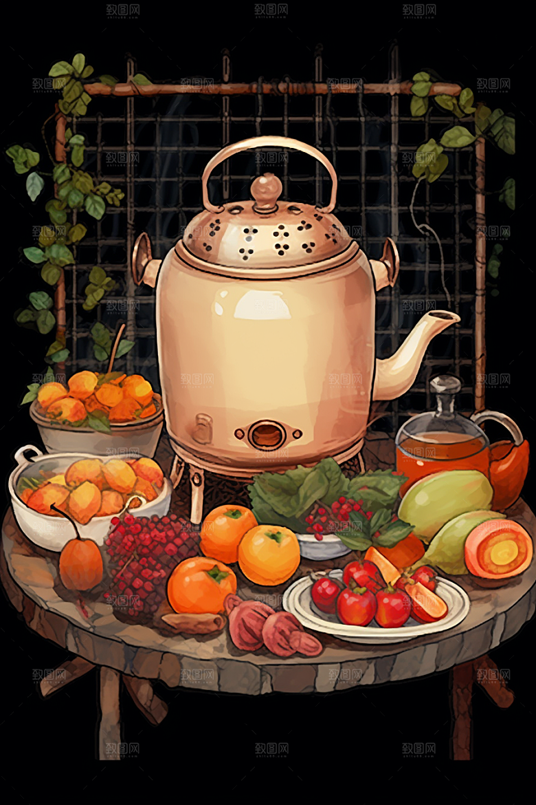 围炉煮茶驱寒高清插画