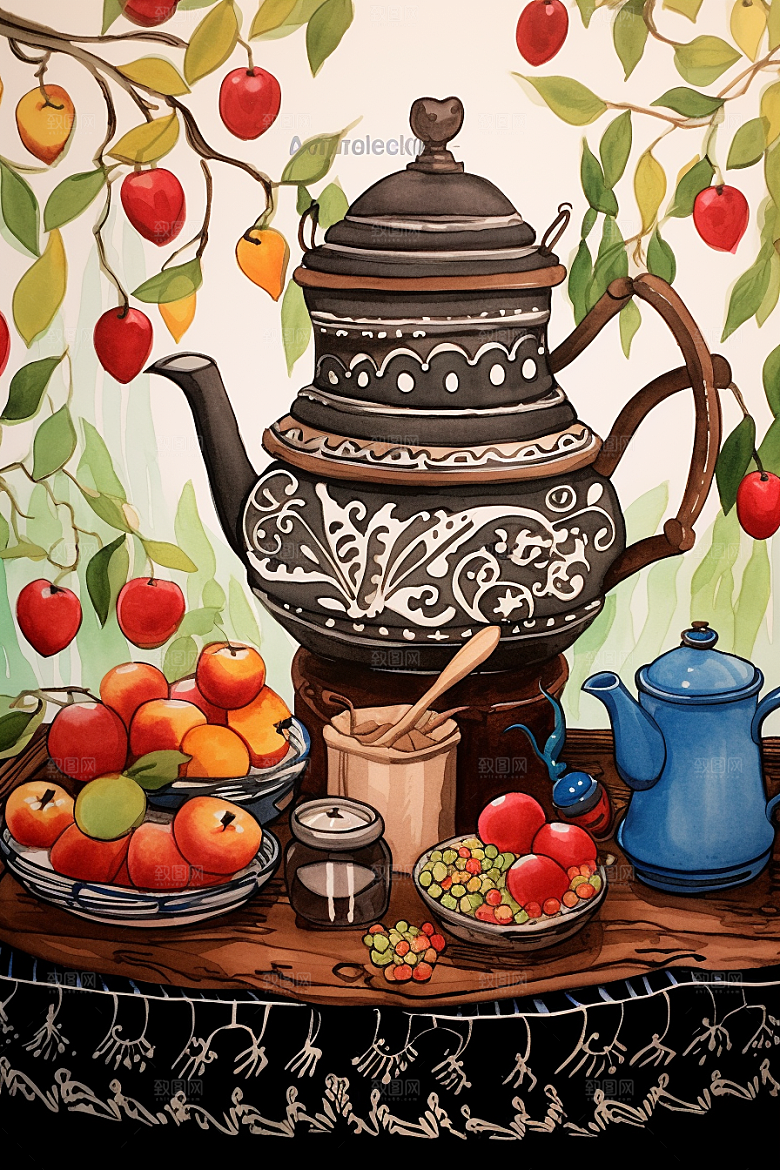 围炉煮茶高清驱寒插画
