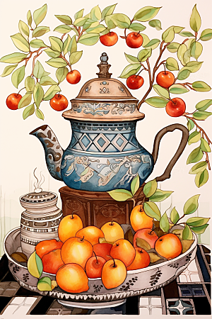 围炉煮茶美食烤橘子插画