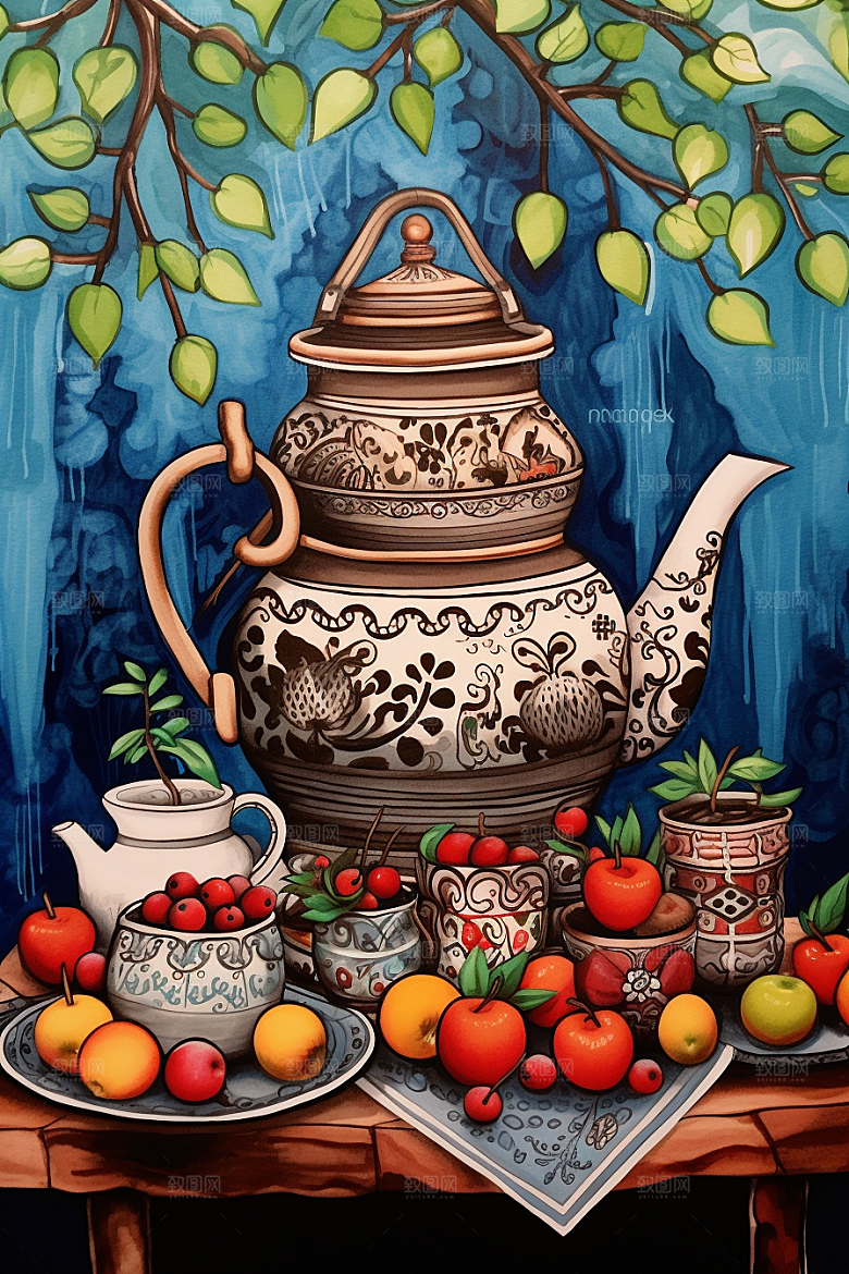 围炉煮茶烤橘子秋冬插画