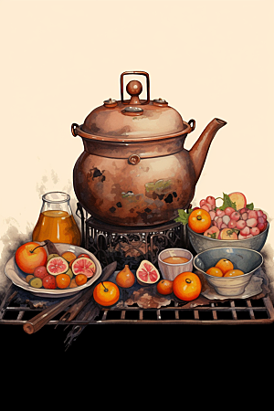 围炉煮茶火炉热茶插画