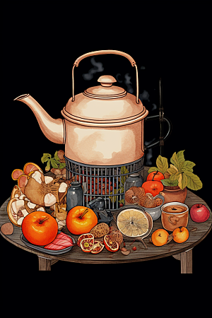围炉煮茶火炉中国风插画