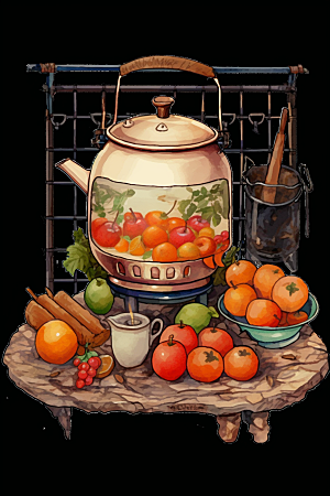 围炉煮茶高清烤橘子插画