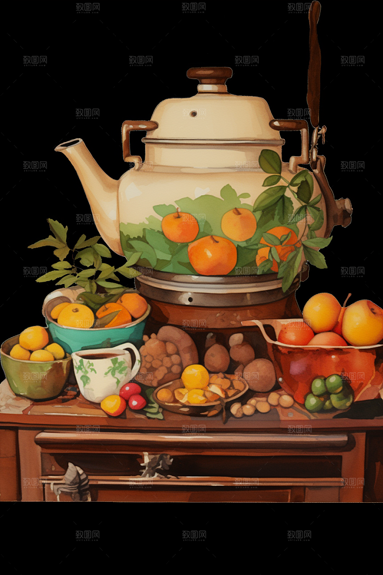 围炉煮茶驱寒中式下午茶插画