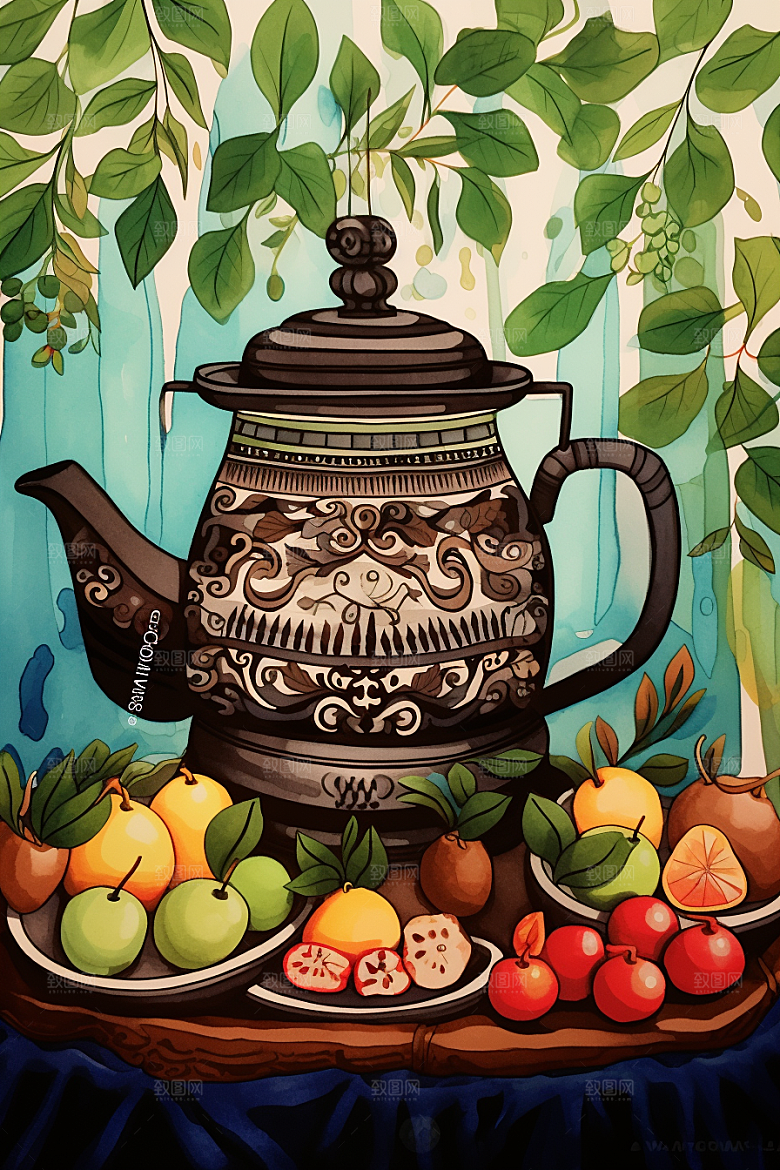 围炉煮茶手绘秋冬插画