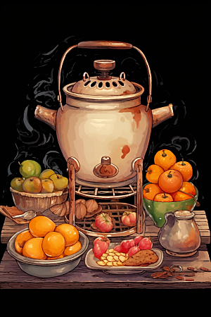 围炉煮茶高清美食插画