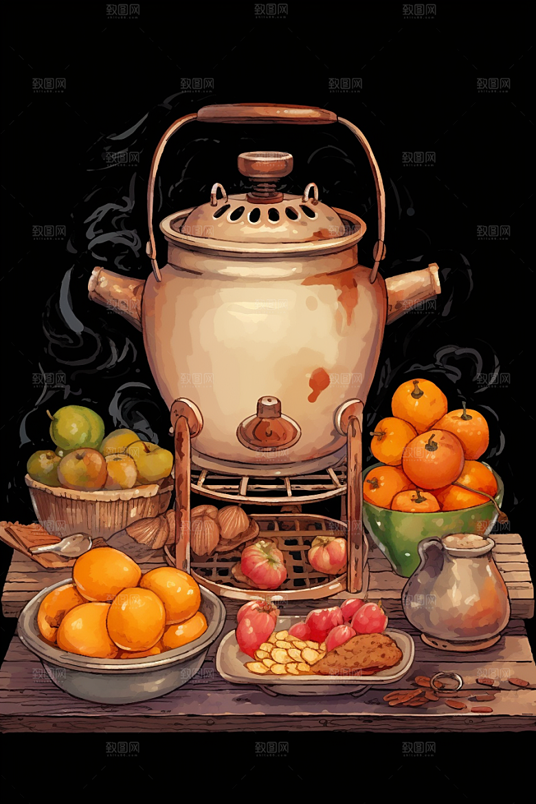 围炉煮茶高清美食插画