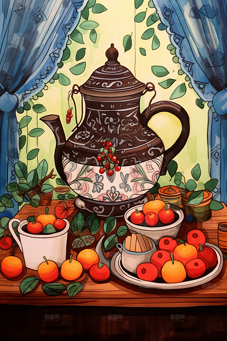 围炉煮茶驱寒中国风插画
