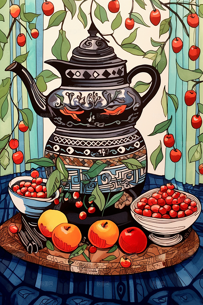 围炉煮茶美食中式下午茶插画