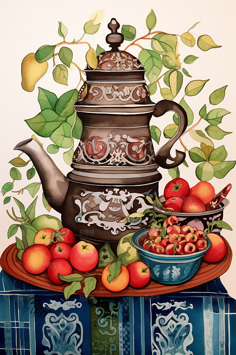 围炉煮茶手绘热茶插画