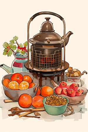围炉煮茶火炉手绘插画