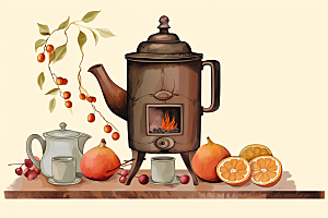 围炉煮茶中式下午茶手绘插画