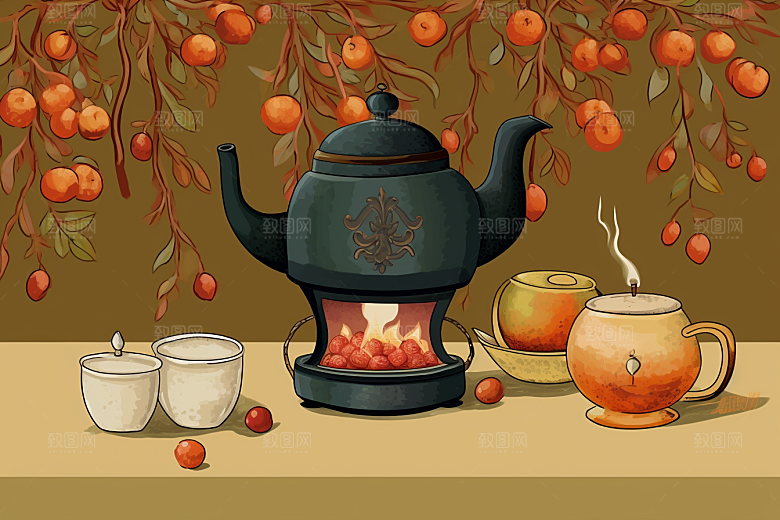围炉煮茶热茶秋冬插画