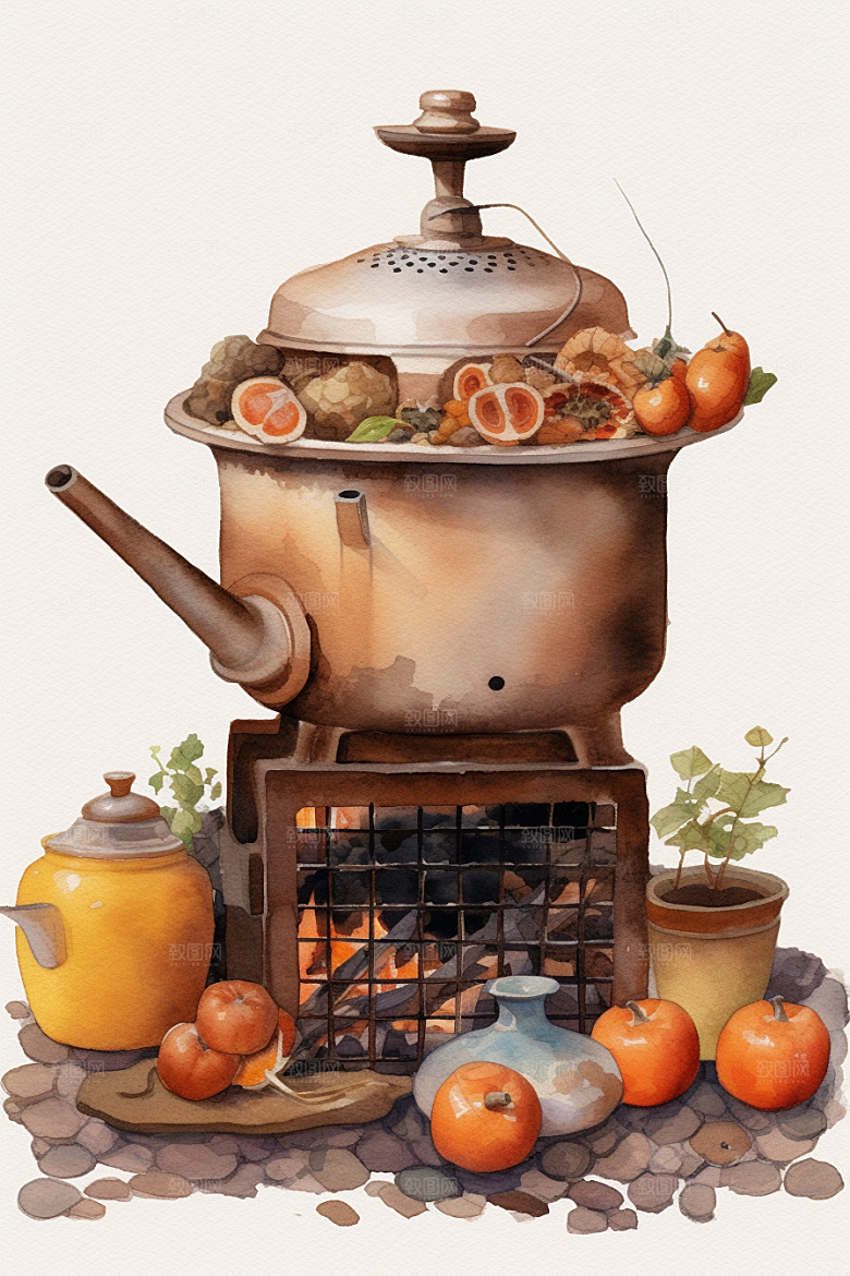 围炉煮茶驱寒美食插画