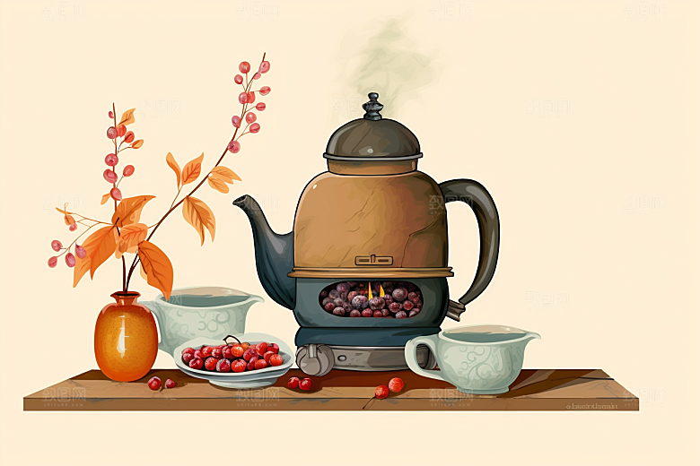 围炉煮茶手绘中国风插画