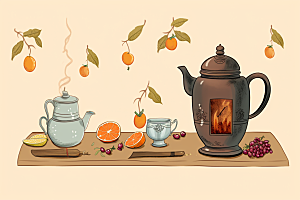 围炉煮茶美食热茶插画