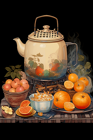 围炉煮茶美食中式下午茶插画