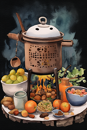 围炉煮茶秋冬中国风插画