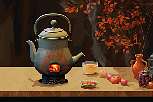 围炉煮茶驱寒火炉插画