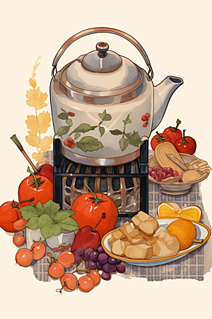围炉煮茶手绘中国风插画