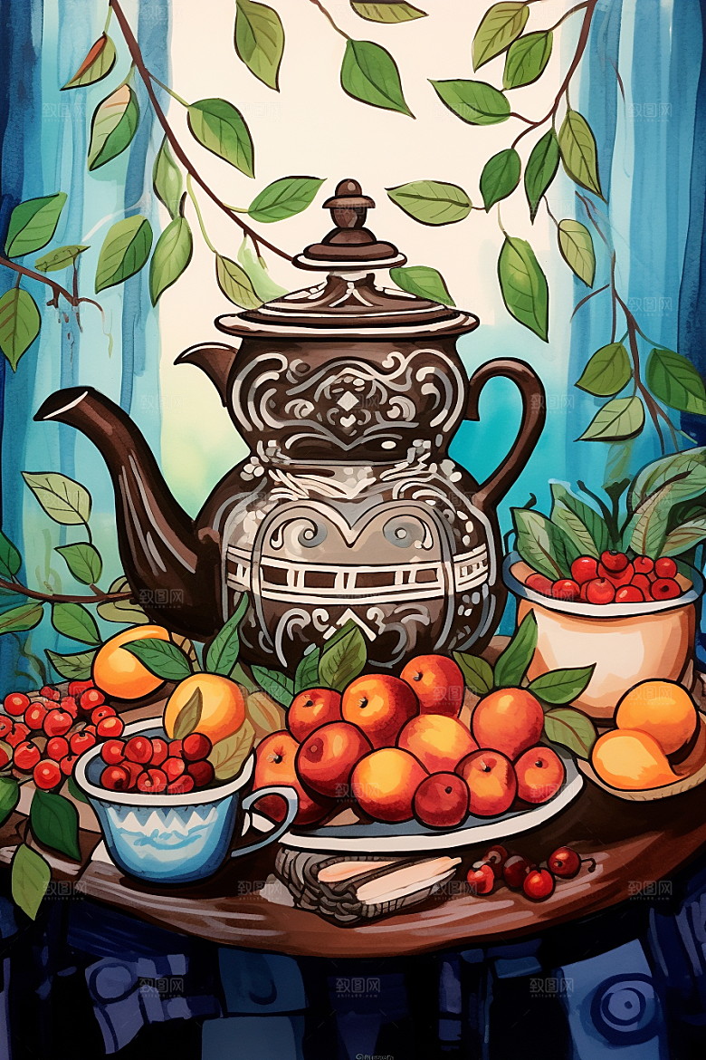 围炉煮茶高清中国风插画