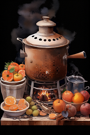 围炉煮茶高清中式下午茶插画
