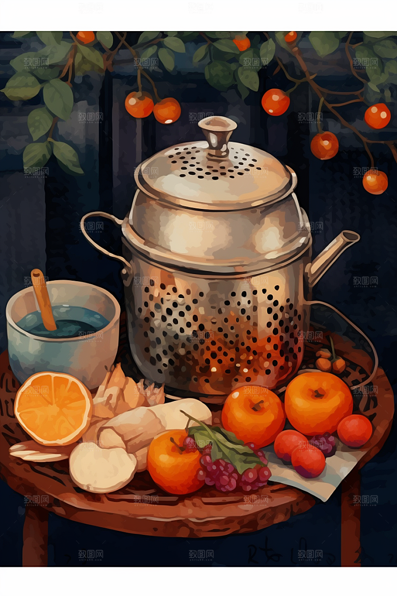 围炉煮茶美食驱寒插画