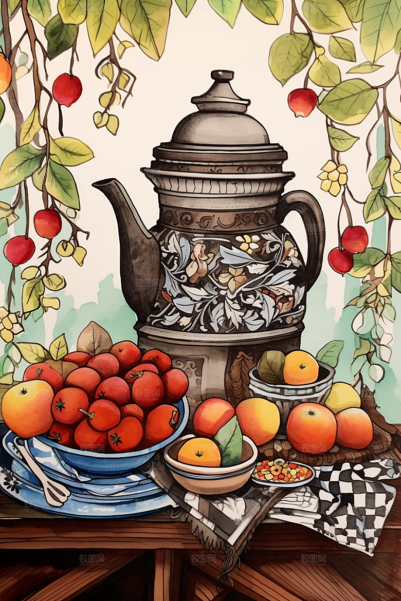 围炉煮茶烤橘子中国风插画