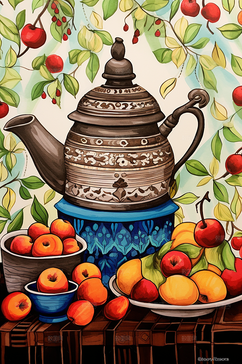 围炉煮茶热茶美食插画