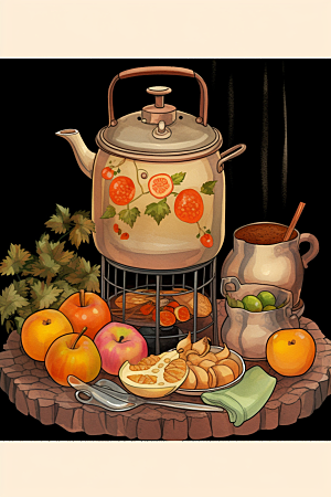 围炉煮茶高清中国风插画