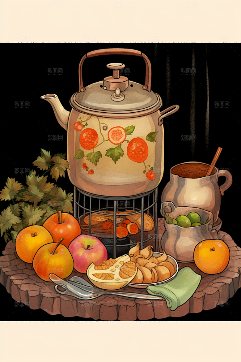 围炉煮茶高清中国风插画