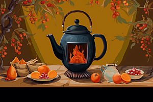 围炉煮茶高清烤橘子插画
