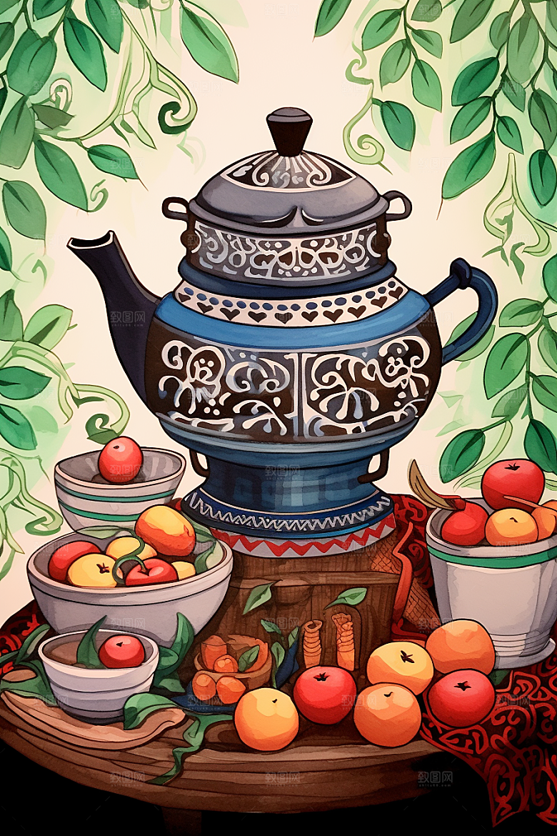 围炉煮茶火炉美食插画