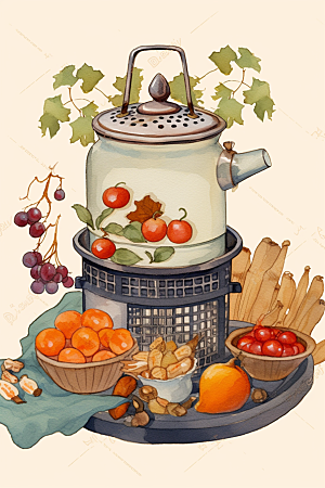 围炉煮茶热茶烤橘子插画