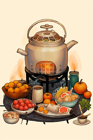围炉煮茶手绘秋冬插画