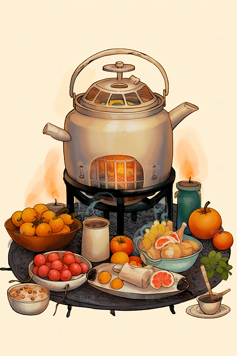 围炉煮茶手绘秋冬插画