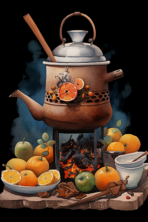 围炉煮茶中式下午茶秋冬插画