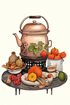 围炉煮茶热茶中国风插画