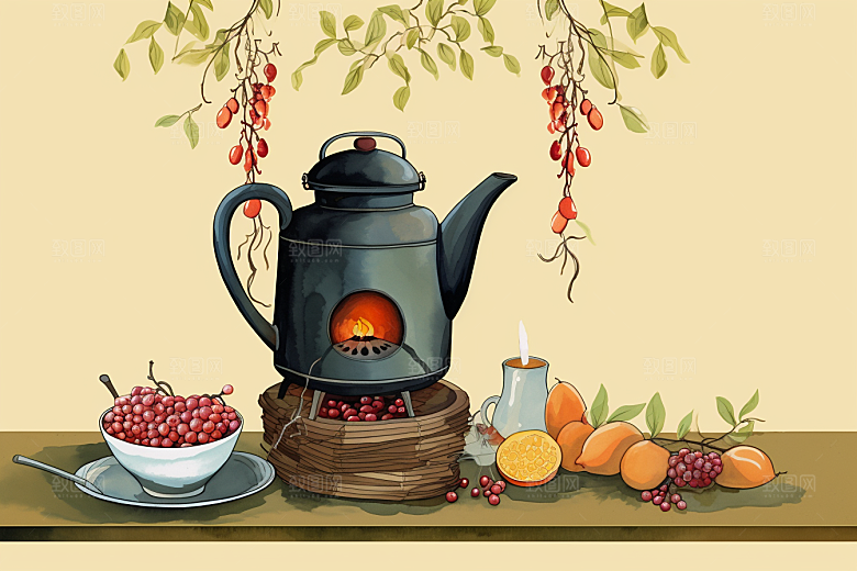 围炉煮茶热茶驱寒插画