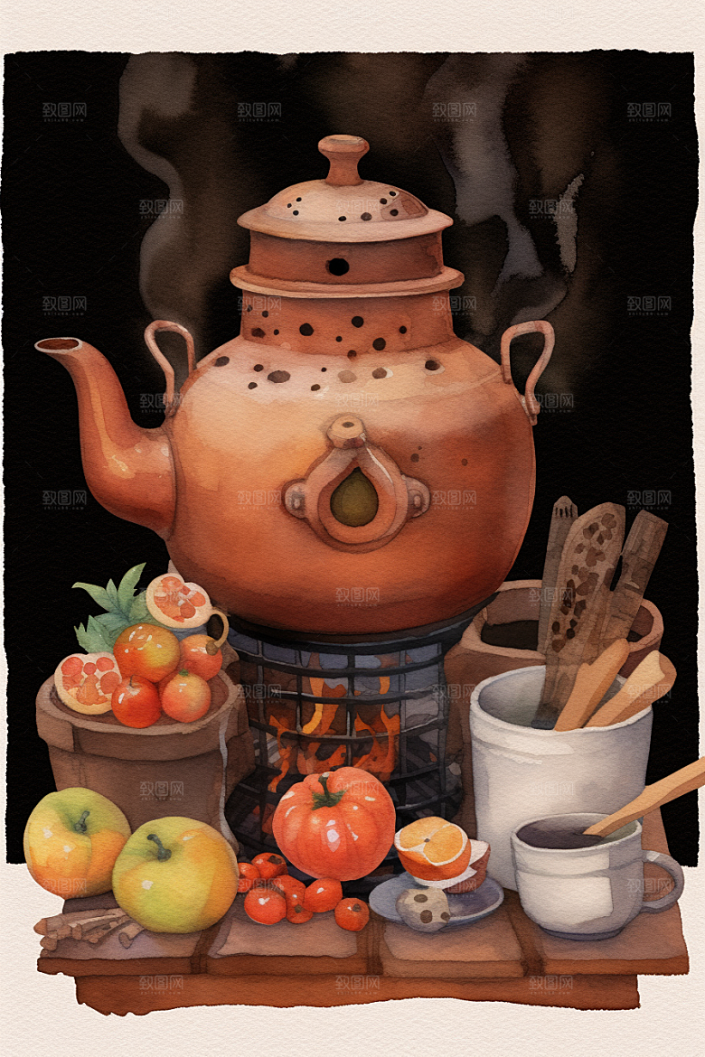 围炉煮茶烤橘子秋冬插画