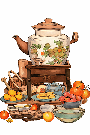 围炉煮茶中式下午茶烤橘子插画