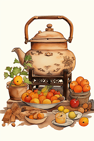 围炉煮茶手绘中式下午茶插画