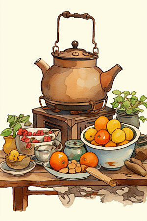 围炉煮茶烤橘子热茶插画