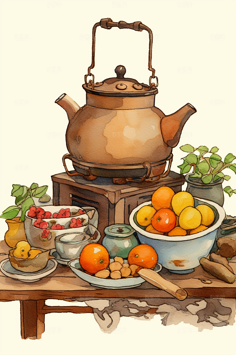 围炉煮茶烤橘子热茶插画
