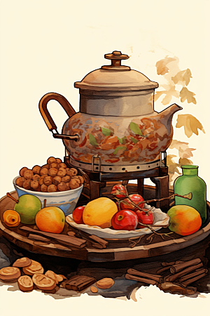 围炉煮茶驱寒中式下午茶插画