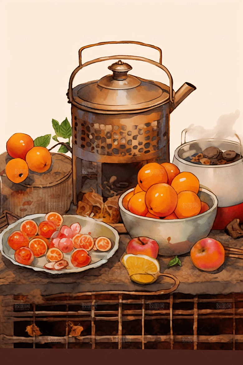 围炉煮茶美食火炉插画