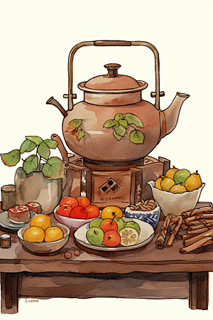 围炉煮茶手绘美食插画